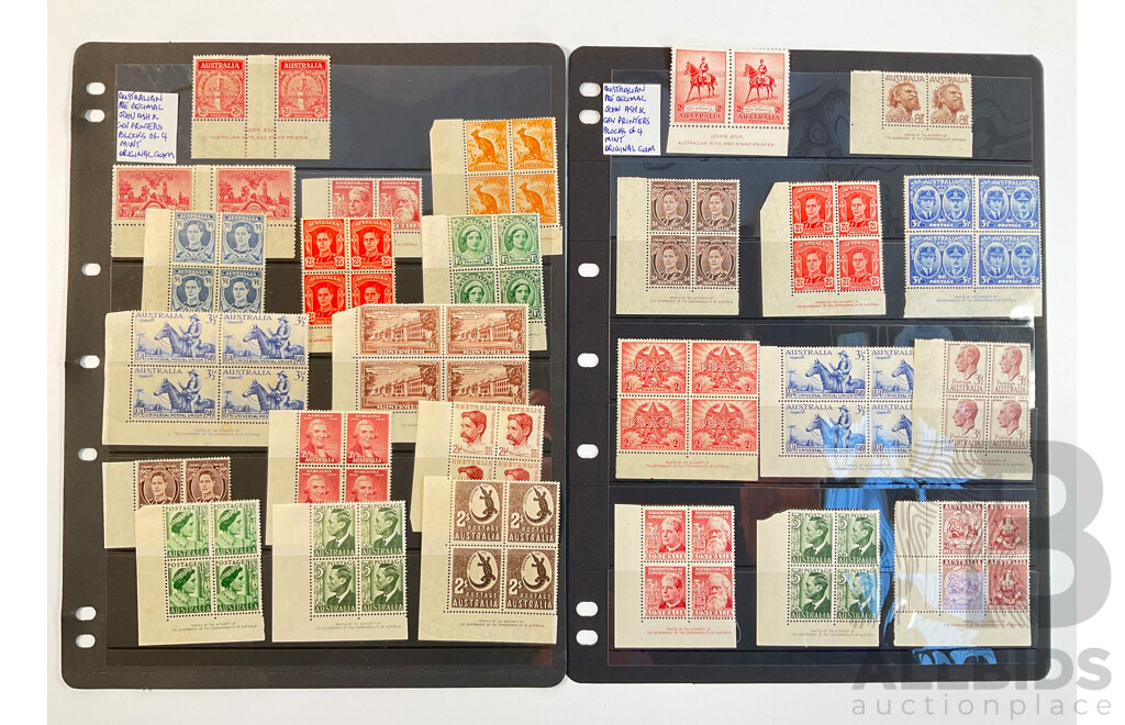 Collection of Australian Predecimal Mint Stamp Blocks Including 1935 ANZAC Commemoration John Ash Print, 1935 KGV Silver Jubilee John Ash Print, 1945 Peace, 1951 Foundation of Commonwealth and More