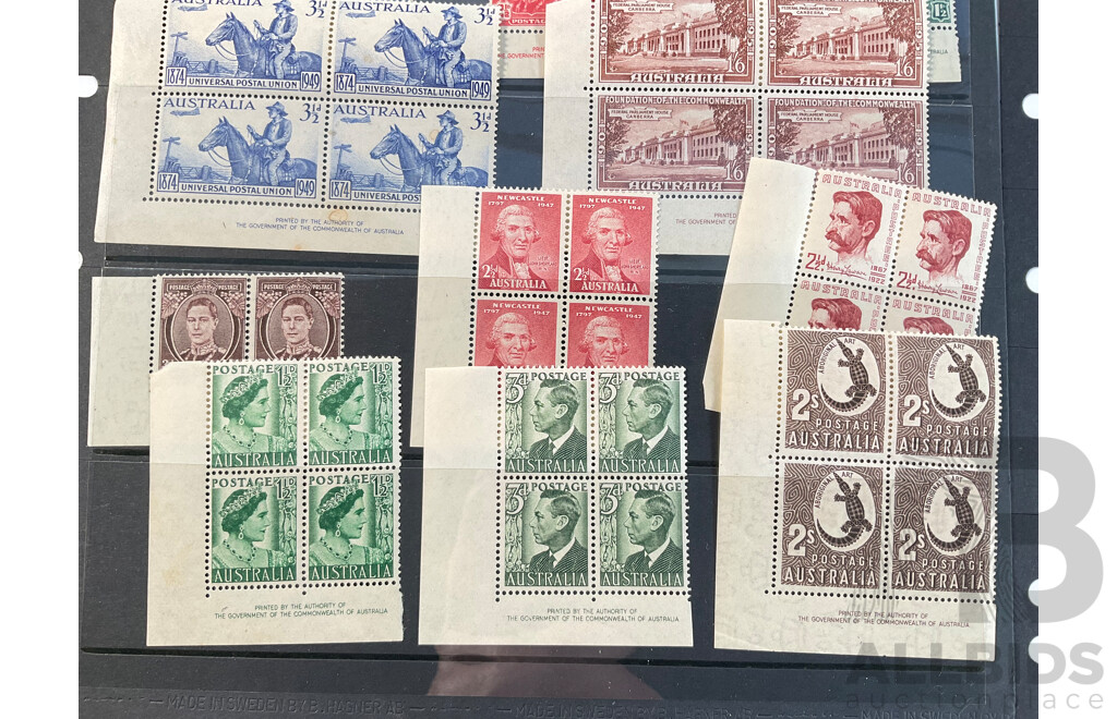 Collection of Australian Predecimal Mint Stamp Blocks Including 1935 ANZAC Commemoration John Ash Print, 1935 KGV Silver Jubilee John Ash Print, 1945 Peace, 1951 Foundation of Commonwealth and More