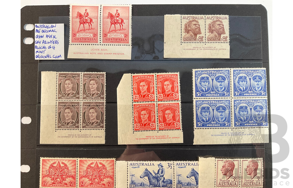 Collection of Australian Predecimal Mint Stamp Blocks Including 1935 ANZAC Commemoration John Ash Print, 1935 KGV Silver Jubilee John Ash Print, 1945 Peace, 1951 Foundation of Commonwealth and More