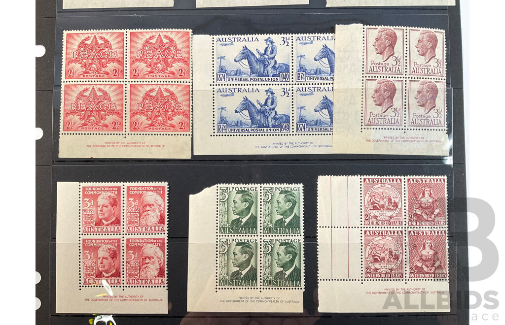Collection of Australian Predecimal Mint Stamp Blocks Including 1935 ANZAC Commemoration John Ash Print, 1935 KGV Silver Jubilee John Ash Print, 1945 Peace, 1951 Foundation of Commonwealth and More