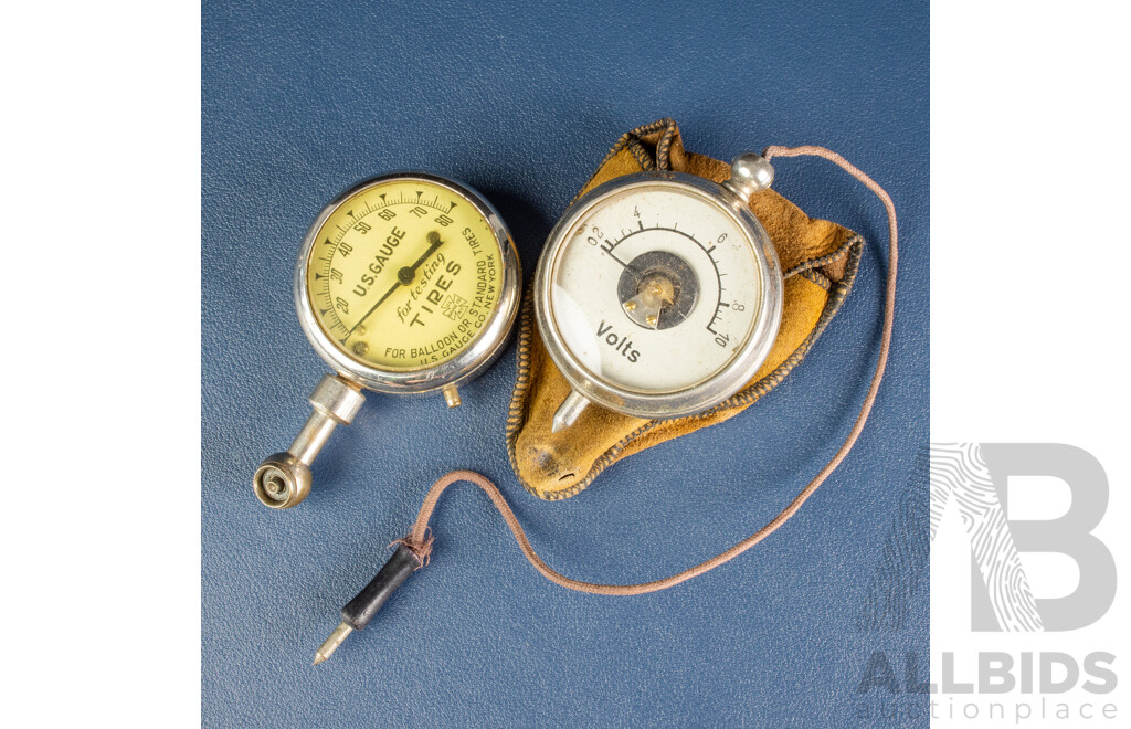 Vintage U.S Gauge Co Tire Pressure Gauge for Baloon or Standard Tires with Original Pouch and Vintage Pocket Volt Meter