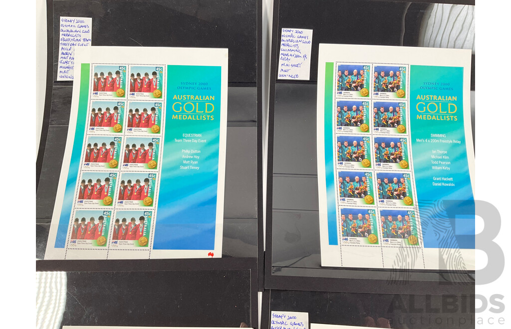 Australian 1992 Five Dollar Coin, International Year of Space with Six 2000 Mint Stamp Sheets, Sydney Olympics, Dangerous Special Edition Semi Imperforate Mini Stamp Sheet