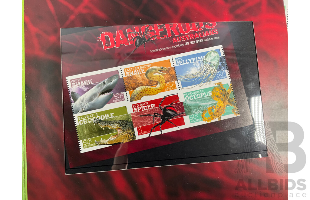 Australian 1992 Five Dollar Coin, International Year of Space with Six 2000 Mint Stamp Sheets, Sydney Olympics, Dangerous Special Edition Semi Imperforate Mini Stamp Sheet