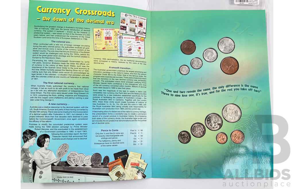 Australian ''Out with the Pence in with the Cents'' Twelve Coin Commemorative Folder Including 1966 Round Silver Fifty Cent Coin