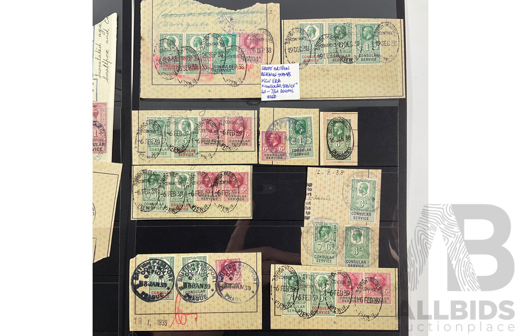 Great Britain and Germany Consular Service, Foreign and Diplomatic Service Stamps on Paper Spanning 1930's to 1960's, Sixpence to One Pound