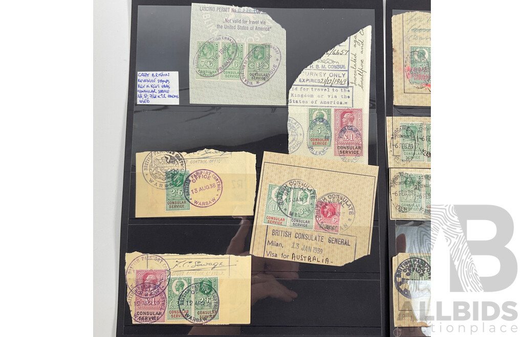 Great Britain and Germany Consular Service, Foreign and Diplomatic Service Stamps on Paper Spanning 1930's to 1960's, Sixpence to One Pound