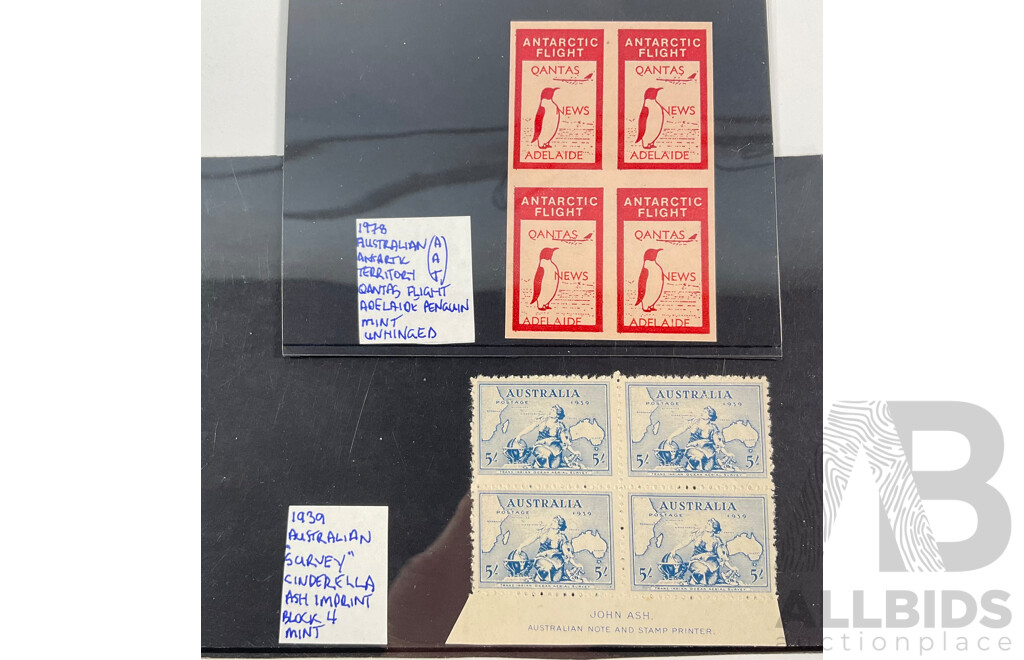 Australian 1939 Trans-India Ocean Aerial Survey Cinderella Block, John Ash Print with Qantas Antarctic Flight Adelaide News Block of Four
