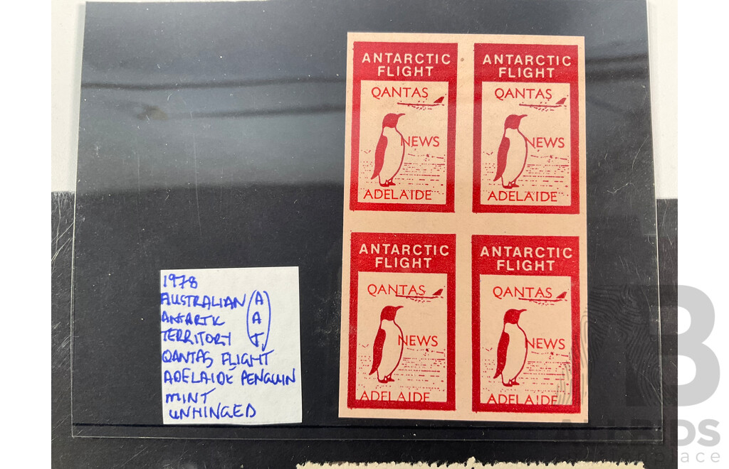 Australian 1939 Trans-India Ocean Aerial Survey Cinderella Block, John Ash Print with Qantas Antarctic Flight Adelaide News Block of Four