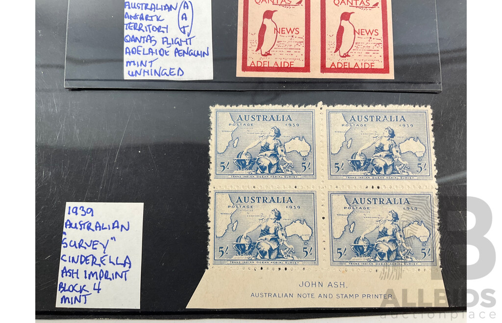 Australian 1939 Trans-India Ocean Aerial Survey Cinderella Block, John Ash Print with Qantas Antarctic Flight Adelaide News Block of Four