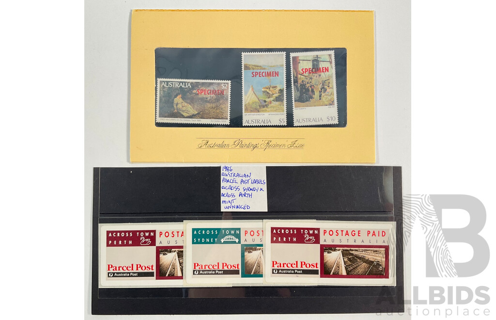Australian Paintings Specimens Stamp Set with Mint 1986 Sydney and Perth Parcel Post Stamps