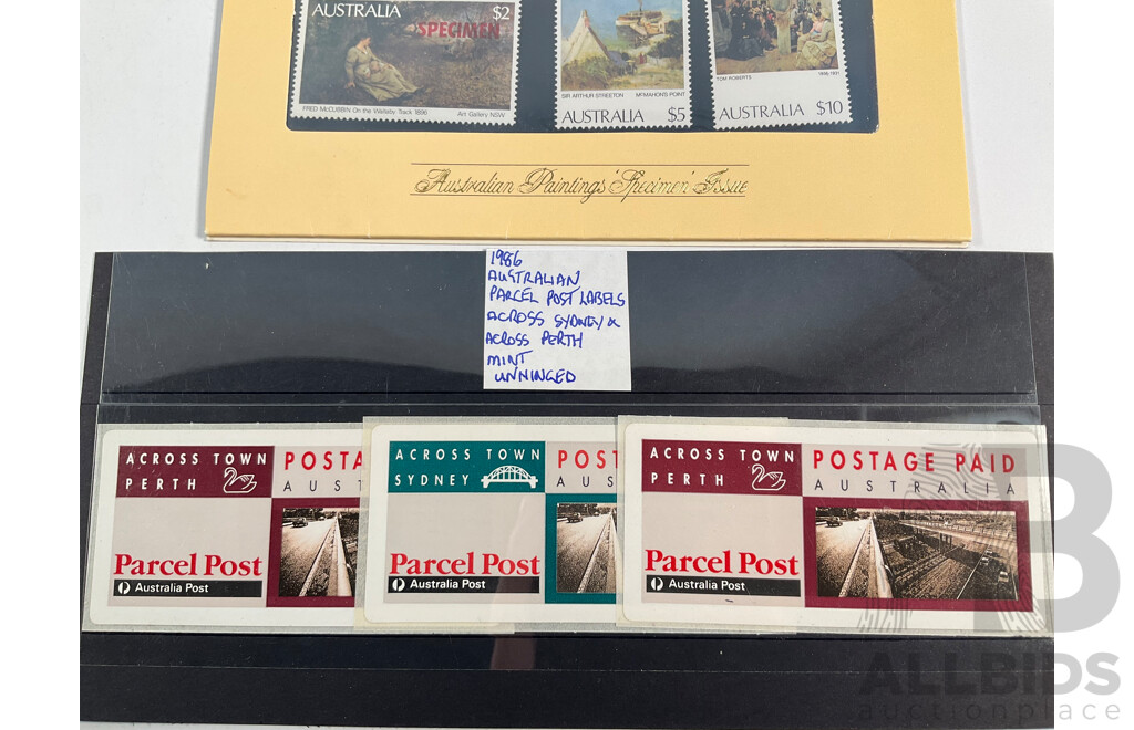 Australian Paintings Specimens Stamp Set with Mint 1986 Sydney and Perth Parcel Post Stamps