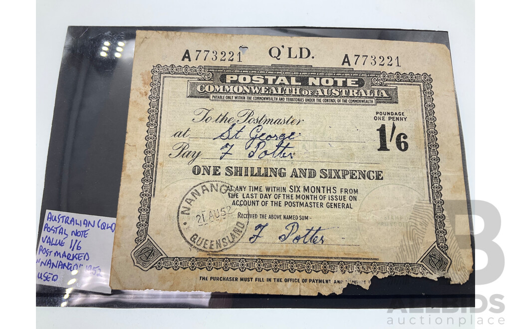 Australian 1952 Postal Banknote, One Shilling, Sixpence, Nanango Queensland