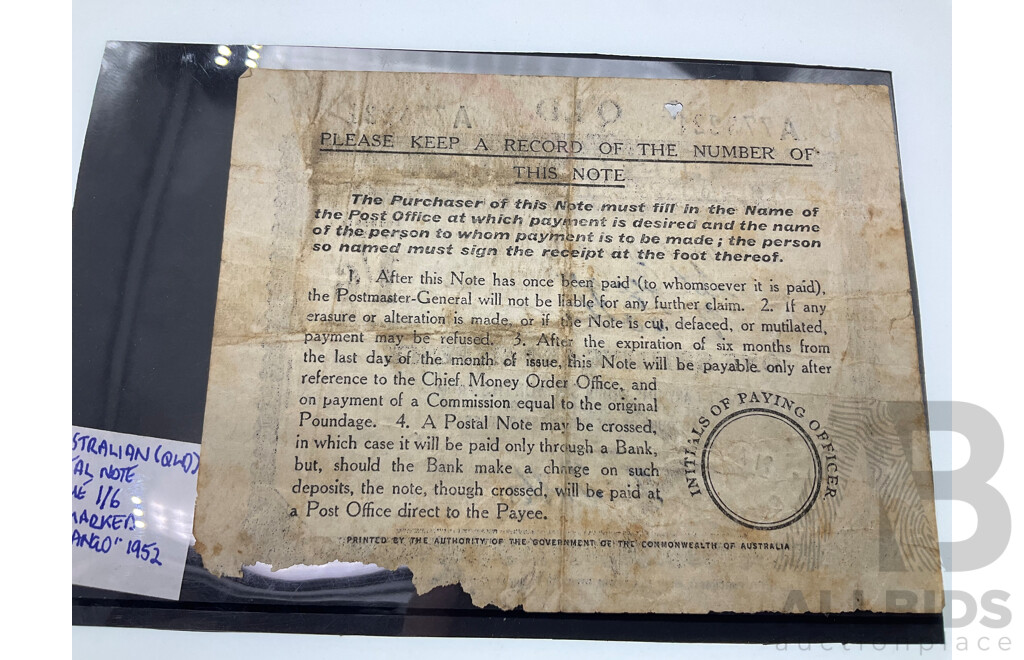 Australian 1952 Postal Banknote, One Shilling, Sixpence, Nanango Queensland