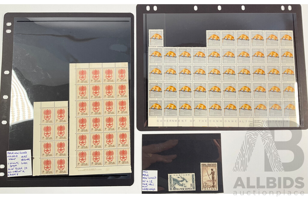 Papua New Guinea 1952 Mint/Hinged Ten Shilling and One Pound Stamps with 1962/63 Mint Blocks