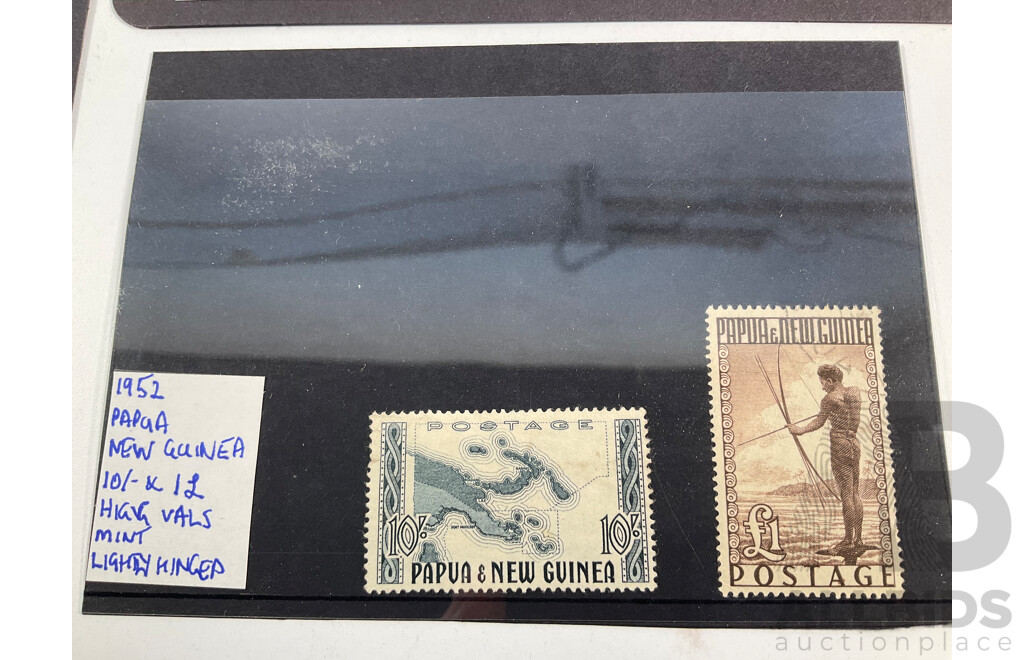 Papua New Guinea 1952 Mint/Hinged Ten Shilling and One Pound Stamps with 1962/63 Mint Blocks