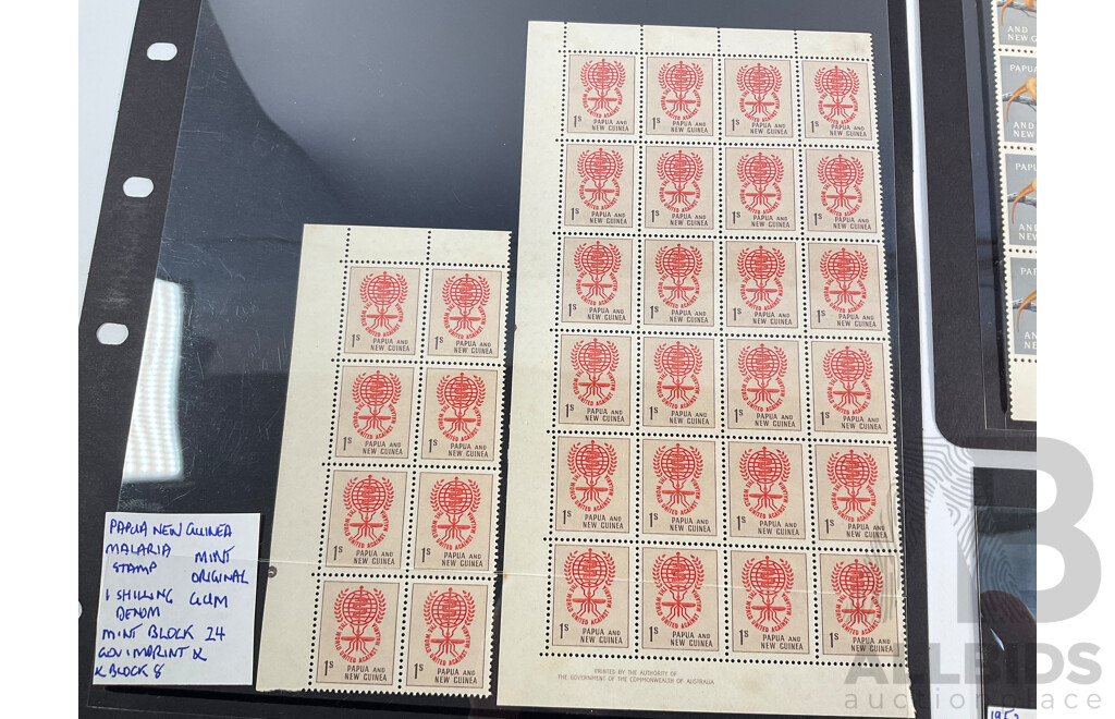 Papua New Guinea 1952 Mint/Hinged Ten Shilling and One Pound Stamps with 1962/63 Mint Blocks