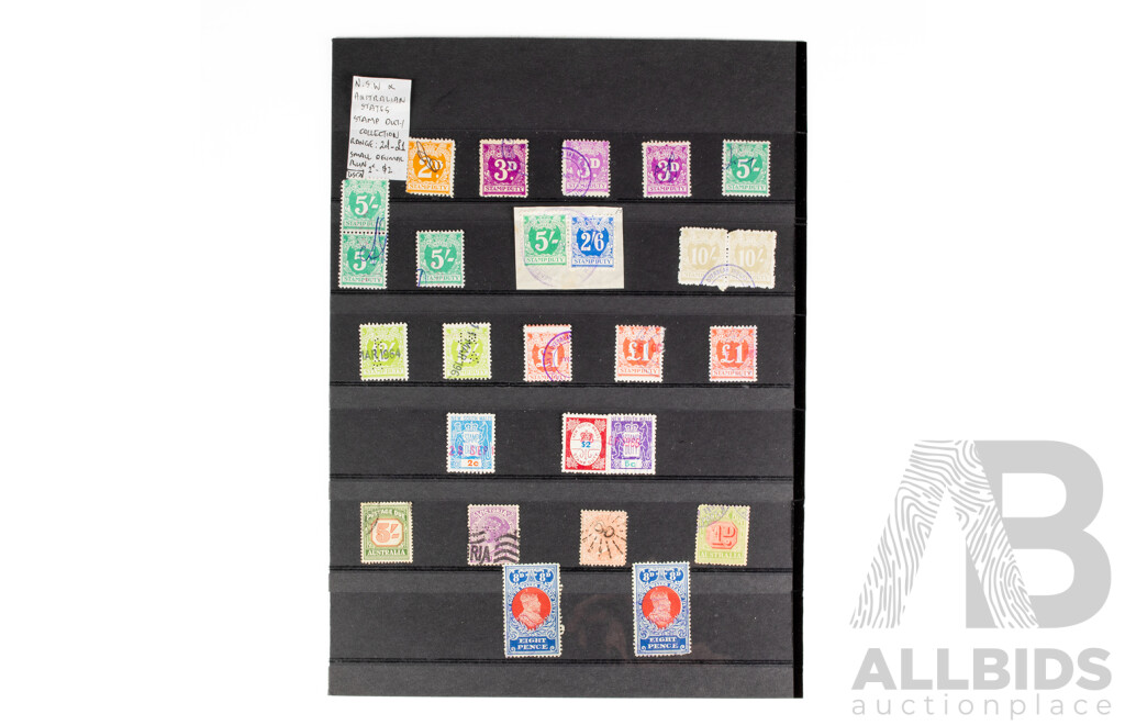 Collection of Australian Stamp Duty Stamps, Including New South Wales, One Penny to One Pound, Hand Cancel, Perforated, 1960's Two, Five Cent, Two Dollars