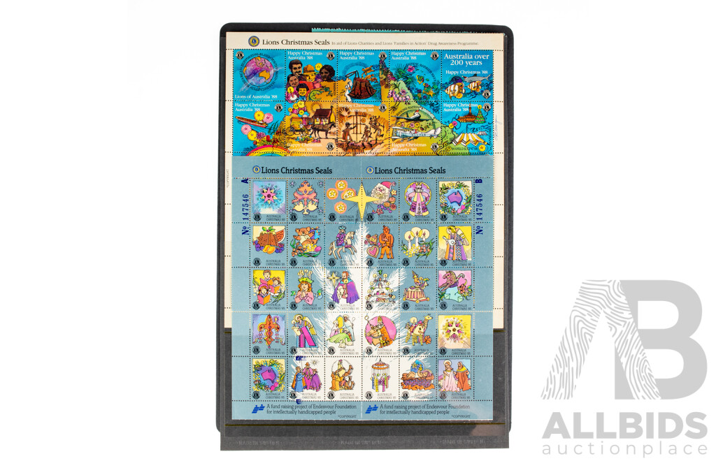 Australian Mint Christmas Seal Stamp Sheets Including Christmas 1966, Lions Christmas 1985 and 1988