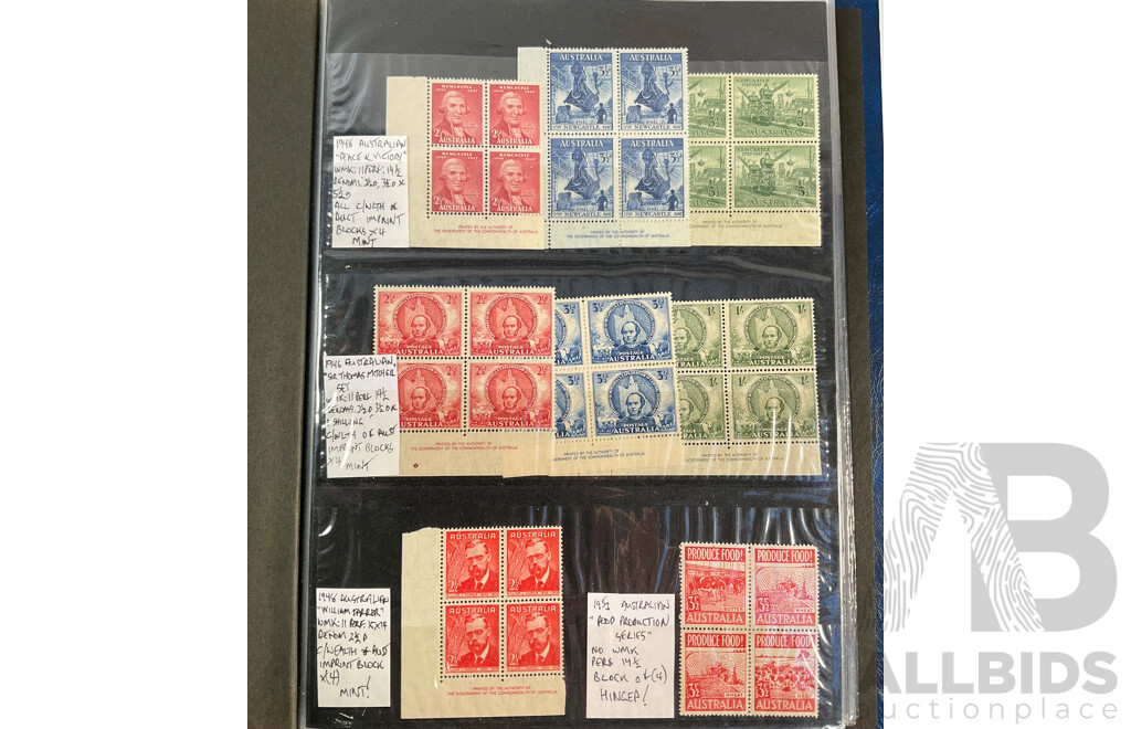 Album of Australian Predecimal Stamp Blocks Including 1937 John Ash NSW Sesquicentenary and Queen Mother, 1947 Newcastle, 1946 Thomas Mitchell Set, 1963 Royal Visit, Antarctic Territory and More
