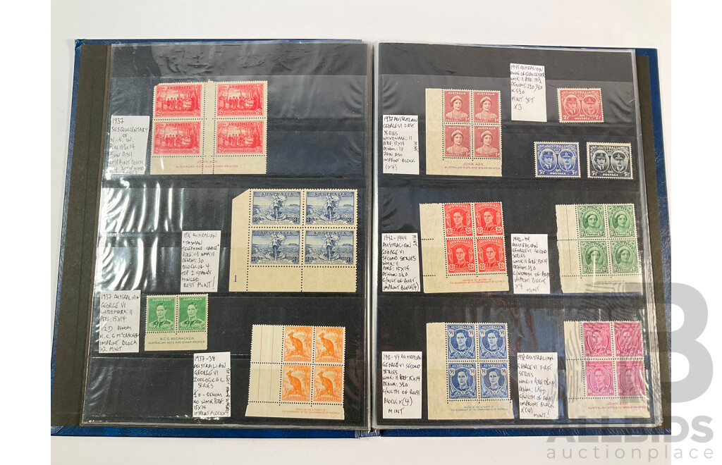 Album of Australian Predecimal Stamp Blocks Including 1937 John Ash NSW Sesquicentenary and Queen Mother, 1947 Newcastle, 1946 Thomas Mitchell Set, 1963 Royal Visit, Antarctic Territory and More