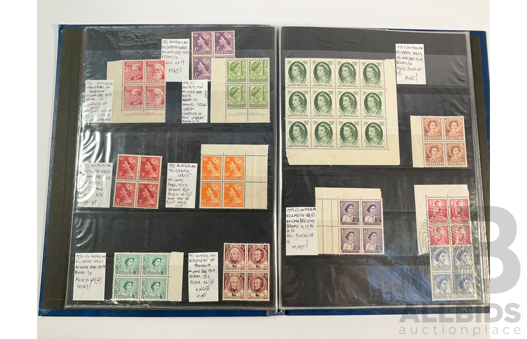 Album of Australian Predecimal Stamp Blocks Including 1937 John Ash NSW Sesquicentenary and Queen Mother, 1947 Newcastle, 1946 Thomas Mitchell Set, 1963 Royal Visit, Antarctic Territory and More