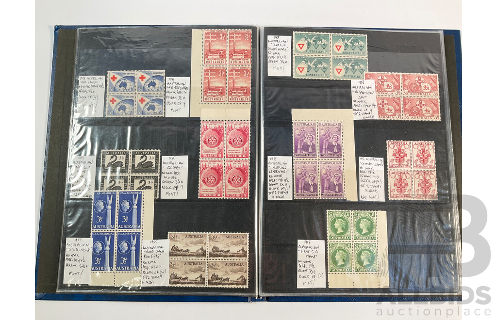 Album of Australian Predecimal Stamp Blocks Including 1937 John Ash NSW Sesquicentenary and Queen Mother, 1947 Newcastle, 1946 Thomas Mitchell Set, 1963 Royal Visit, Antarctic Territory and More