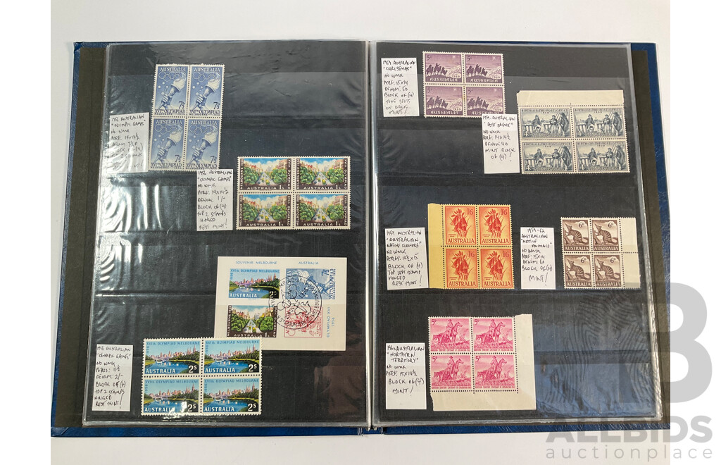 Album of Australian Predecimal Stamp Blocks Including 1937 John Ash NSW Sesquicentenary and Queen Mother, 1947 Newcastle, 1946 Thomas Mitchell Set, 1963 Royal Visit, Antarctic Territory and More