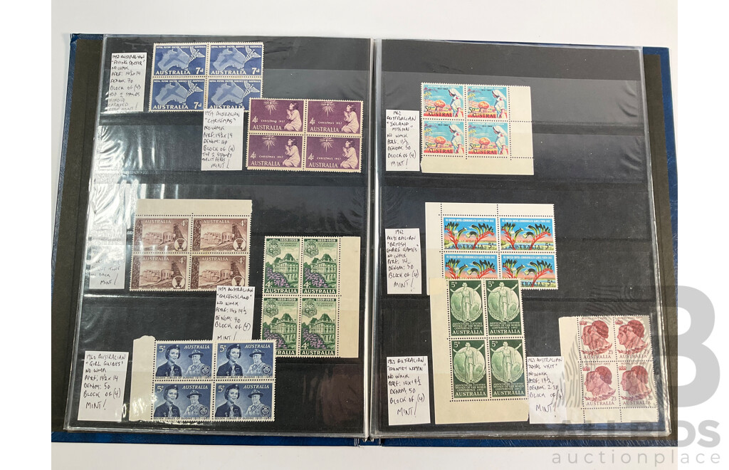 Album of Australian Predecimal Stamp Blocks Including 1937 John Ash NSW Sesquicentenary and Queen Mother, 1947 Newcastle, 1946 Thomas Mitchell Set, 1963 Royal Visit, Antarctic Territory and More