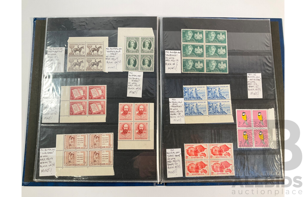 Album of Australian Predecimal Stamp Blocks Including 1937 John Ash NSW Sesquicentenary and Queen Mother, 1947 Newcastle, 1946 Thomas Mitchell Set, 1963 Royal Visit, Antarctic Territory and More