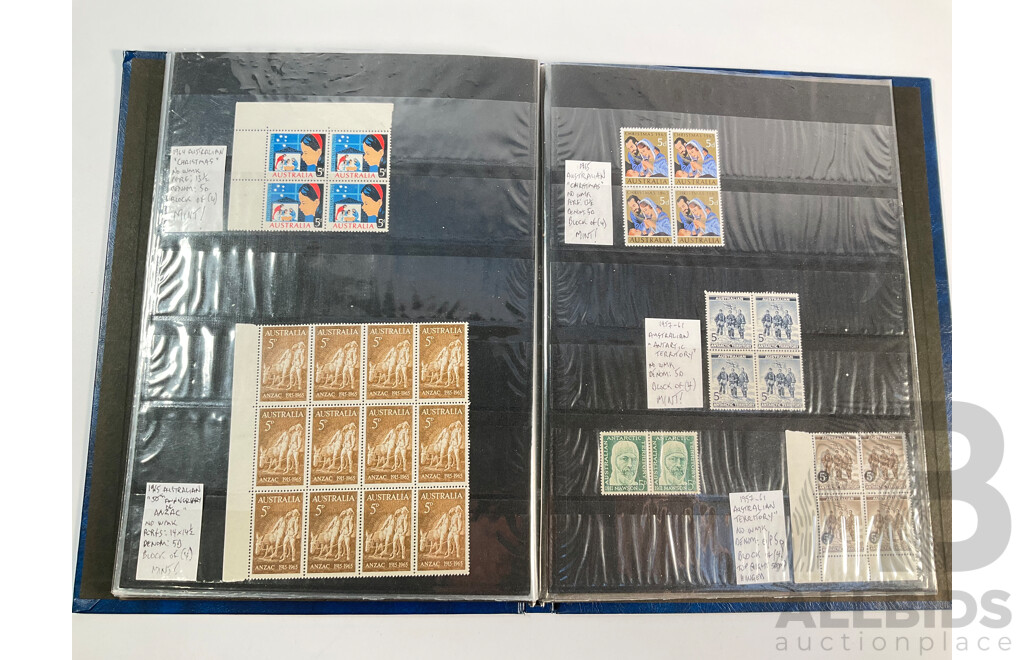Album of Australian Predecimal Stamp Blocks Including 1937 John Ash NSW Sesquicentenary and Queen Mother, 1947 Newcastle, 1946 Thomas Mitchell Set, 1963 Royal Visit, Antarctic Territory and More