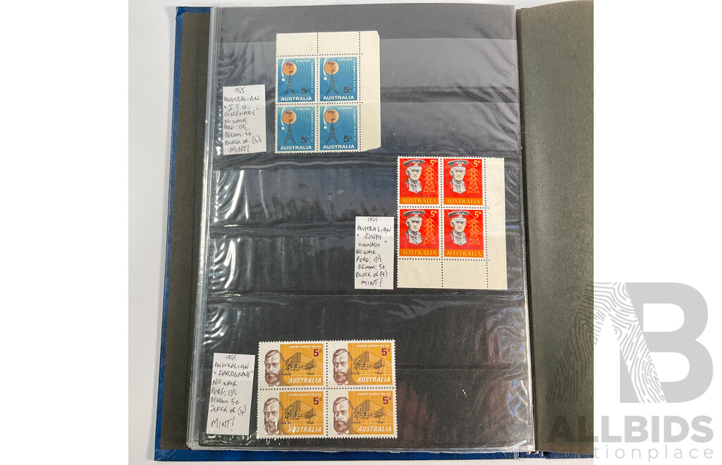 Album of Australian Predecimal Stamp Blocks Including 1937 John Ash NSW Sesquicentenary and Queen Mother, 1947 Newcastle, 1946 Thomas Mitchell Set, 1963 Royal Visit, Antarctic Territory and More