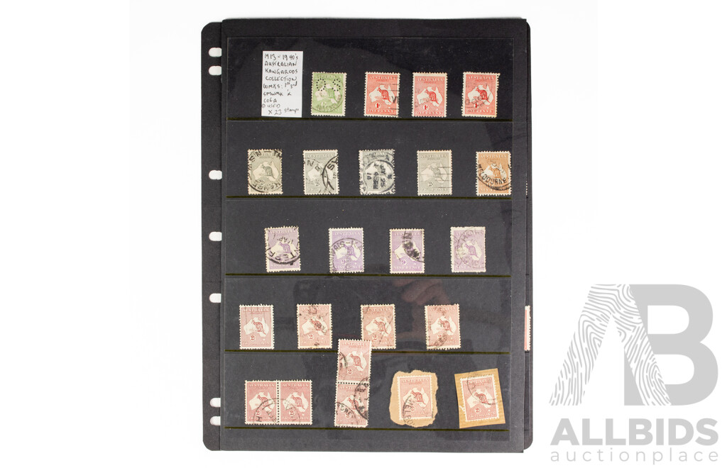 Australian 1913-1940's Kangaroo and Map Stamps, One Penny to Two Shillings, Perforated Official Service, First and Third Water Marks
