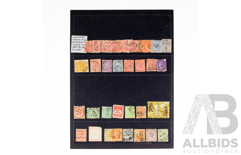 Collection of Australian Prefederation Stamps Including South Australia, New South Wales, Victoria, Queensland, Hand Cancel, One Penny to One Shilling