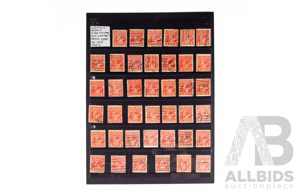Collection of Australian Red KGV One Penny Stamps, Single Water Mark, Various Shades
