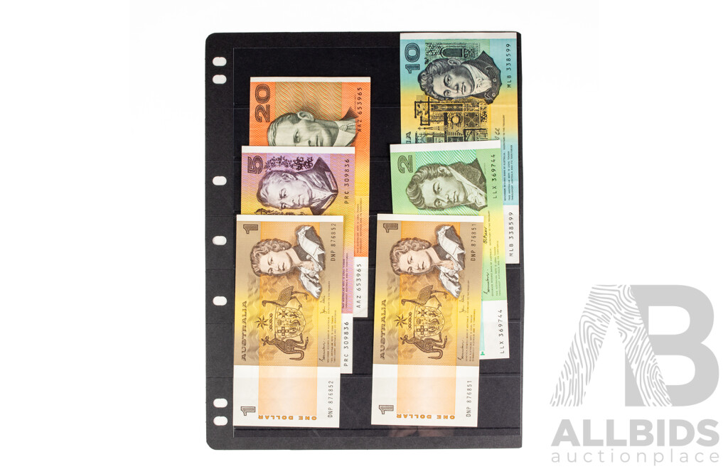 Six Australian Paper Banknotes Including 1993 Twenty Dollars Fraser/Evans, 1991 Ten Dollar Frase/Cole, 1985 Five Dollar and Two Dollar, Johnston/Fraser, Two 1982 One Dollar Johnston/Stone Consecutive