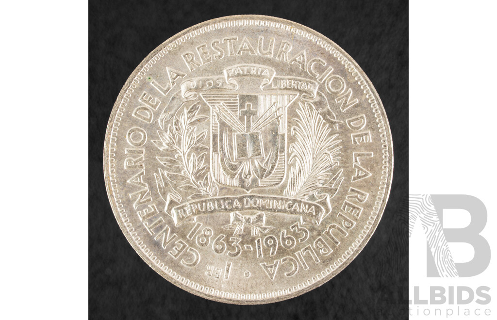 Dominican Republic 1963 UNC Silver One Peso, 100th Anniversary of the Restoration of the Republic .650
