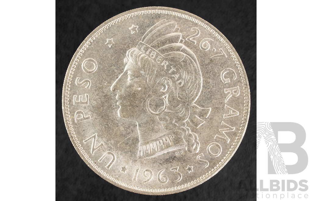 Dominican Republic 1963 UNC Silver One Peso, 100th Anniversary of the Restoration of the Republic .650