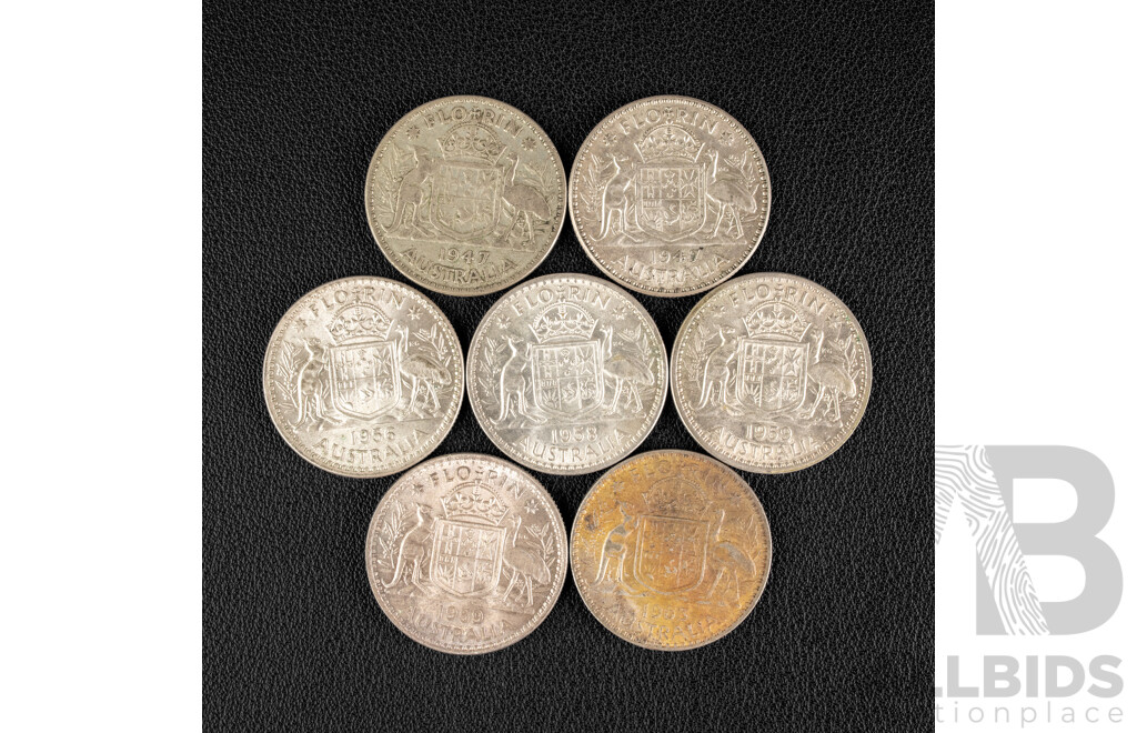 Seven Australian Silver Florins Including 1947(2) 1956, 1958 1959(2) 1963 .500