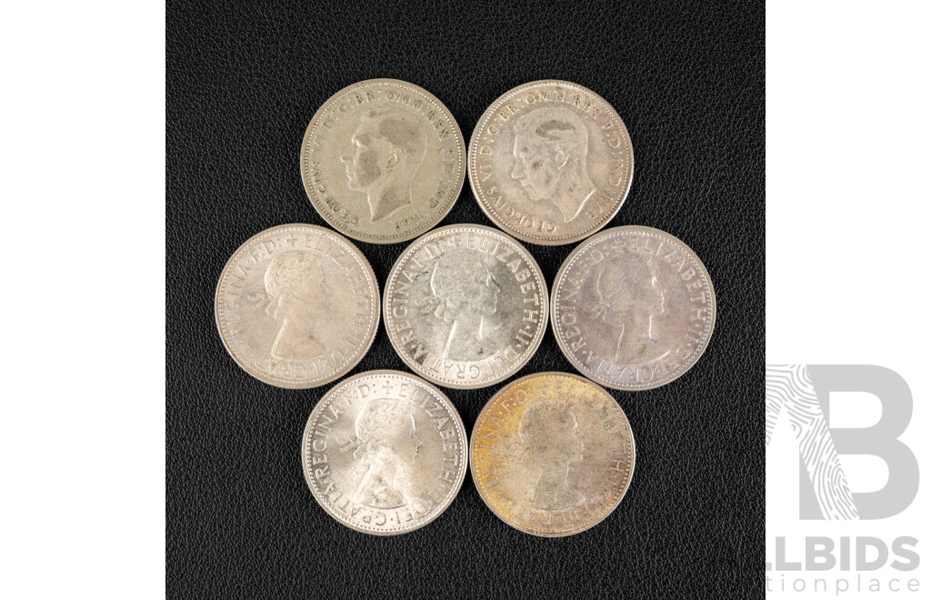 Seven Australian Silver Florins Including 1947(2) 1956, 1958 1959(2) 1963 .500