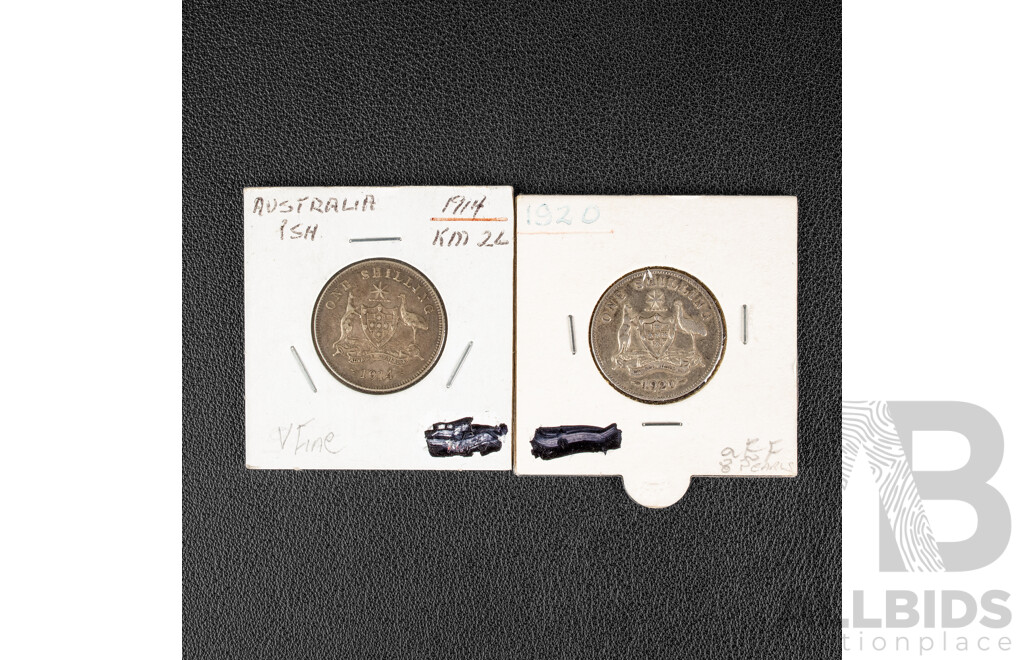 Two Australian KGV Silver Shillings, 1914 and 1920M, High Grade .925