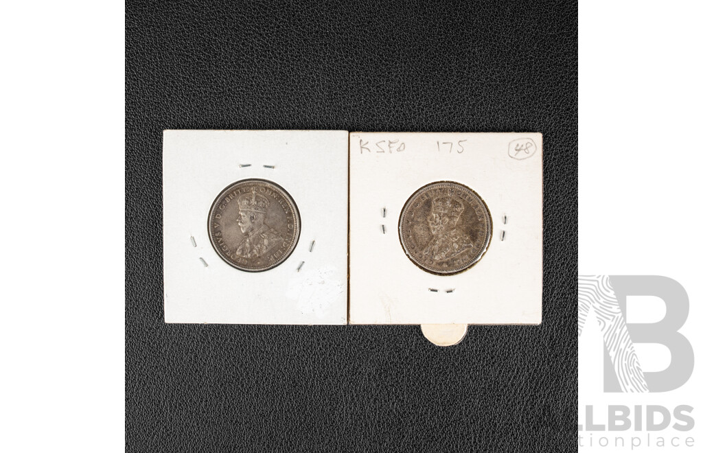 Two Australian KGV Silver Shillings, 1914 and 1920M, High Grade .925