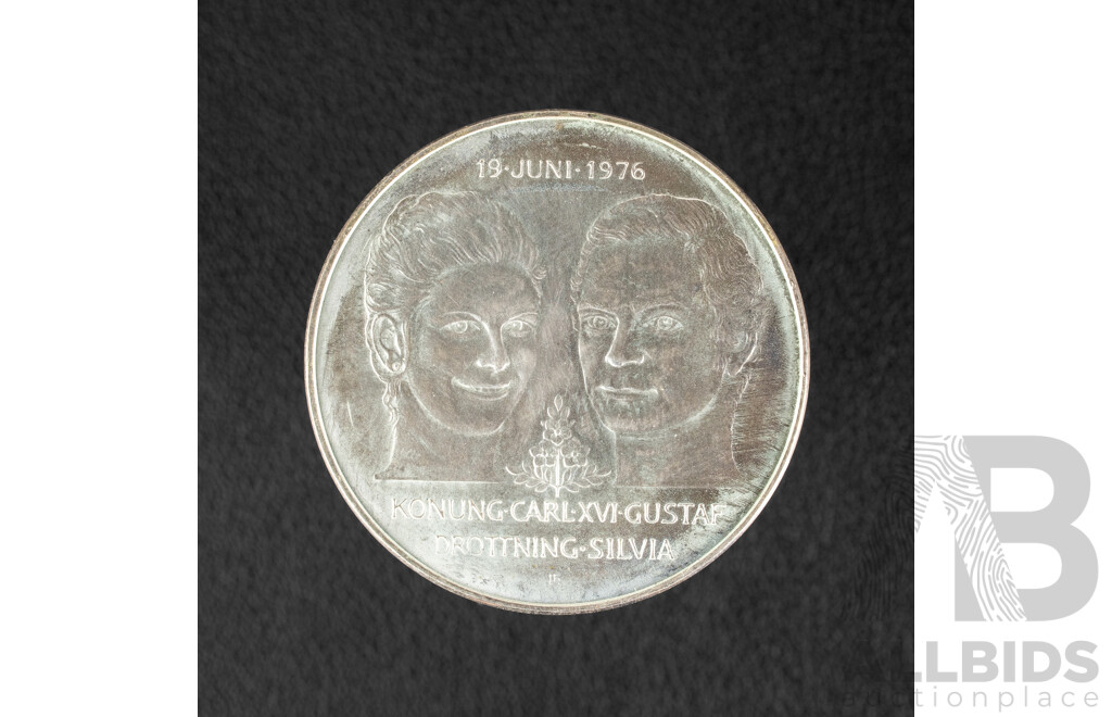 Sweden 1976 Silver Fifty Kroner Coin, Wedding of King Carl XVI Gustaf and Queen Silvia .925