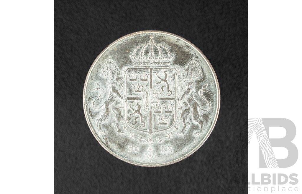 Sweden 1976 Silver Fifty Kroner Coin, Wedding of King Carl XVI Gustaf and Queen Silvia .925