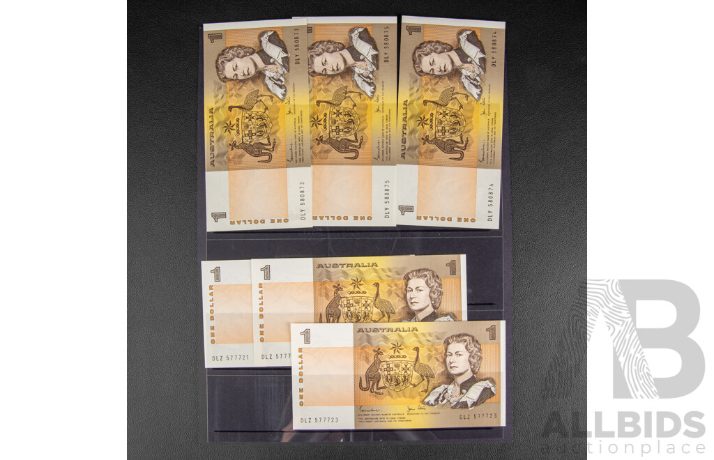 Six Australian 1982 One Dollar Notes Johnston/Stone R78 Including Three Consecutive DLY 580873 - DLY 580875