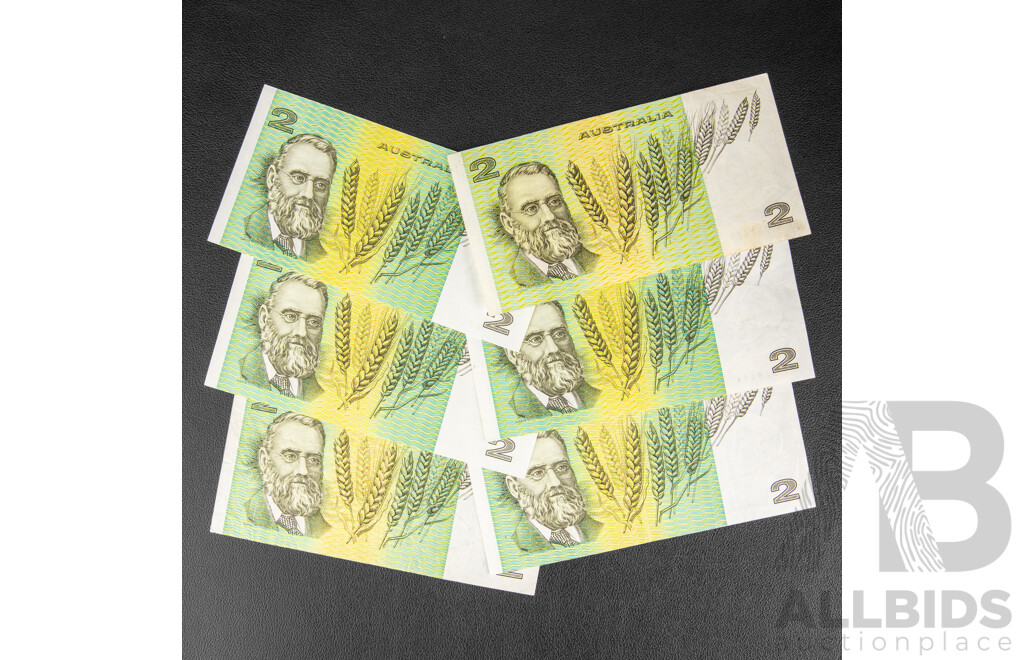 Six Australian Two Dollar Notes Including Five 1985 Johnston/Fraser R89, 1976 Knight Wheeler R86c