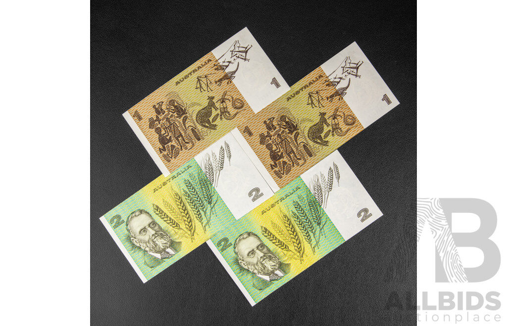 Two Australian 1985 Two Dollar Notes, Johnston/Fraser R89, Consecutive LPB759508 - LPB759509, Two 1982 One Dollar Notes, Johnston/Fraser R78