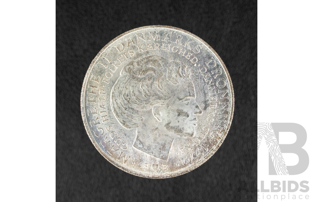 Denmark 1972 Silver Ten Kroner Coin, Death of Frederik IX and Accession of Margrethe II .800