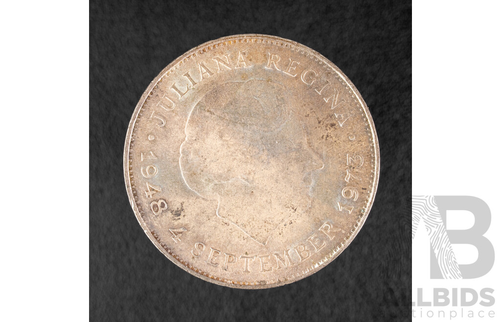 Netherlands 1973 Silver Ten Gulden Coin, 25th Anniversary of the Reign of Queen Juliana .720