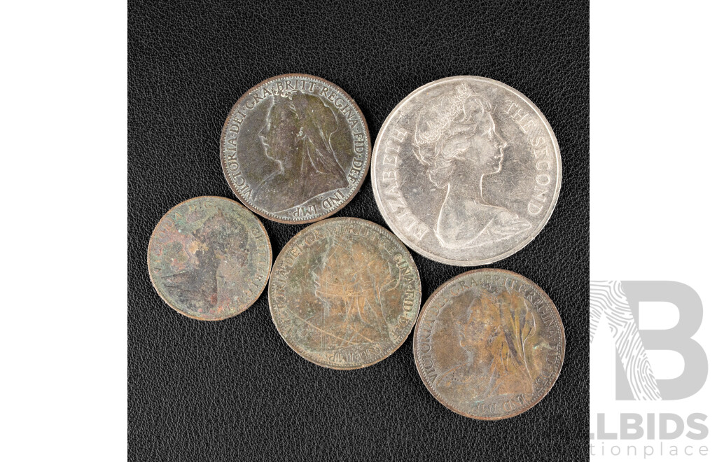 Great Britain QV 1866 Half Penny, with 1896, 1897, 1901 Pennies and St Helena 1973 Twenty Five Pence Coin, 300th Anniversary of St. Helena
