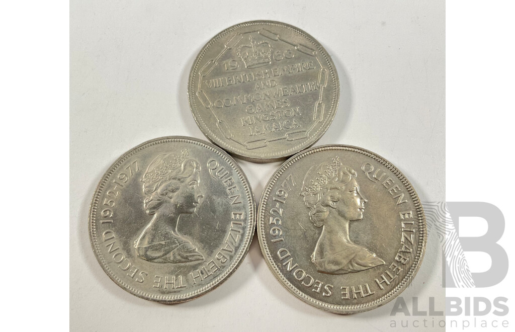 Jamaica 1966 Five Shillings, Commonwealth Games, Baliwick of Jersey 1977 and Gibraltar 1977 Twenty Five Pence, QE2 Silver Jubilee